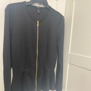 Forever 21 Black And Gold Zip Peplum Long Sleeve Top
